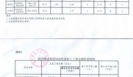 杭州種業(yè)集團企業(yè)負責人2020年度薪酬信息情況及杭州種業(yè)集團2020年度職工工資總額信息情況